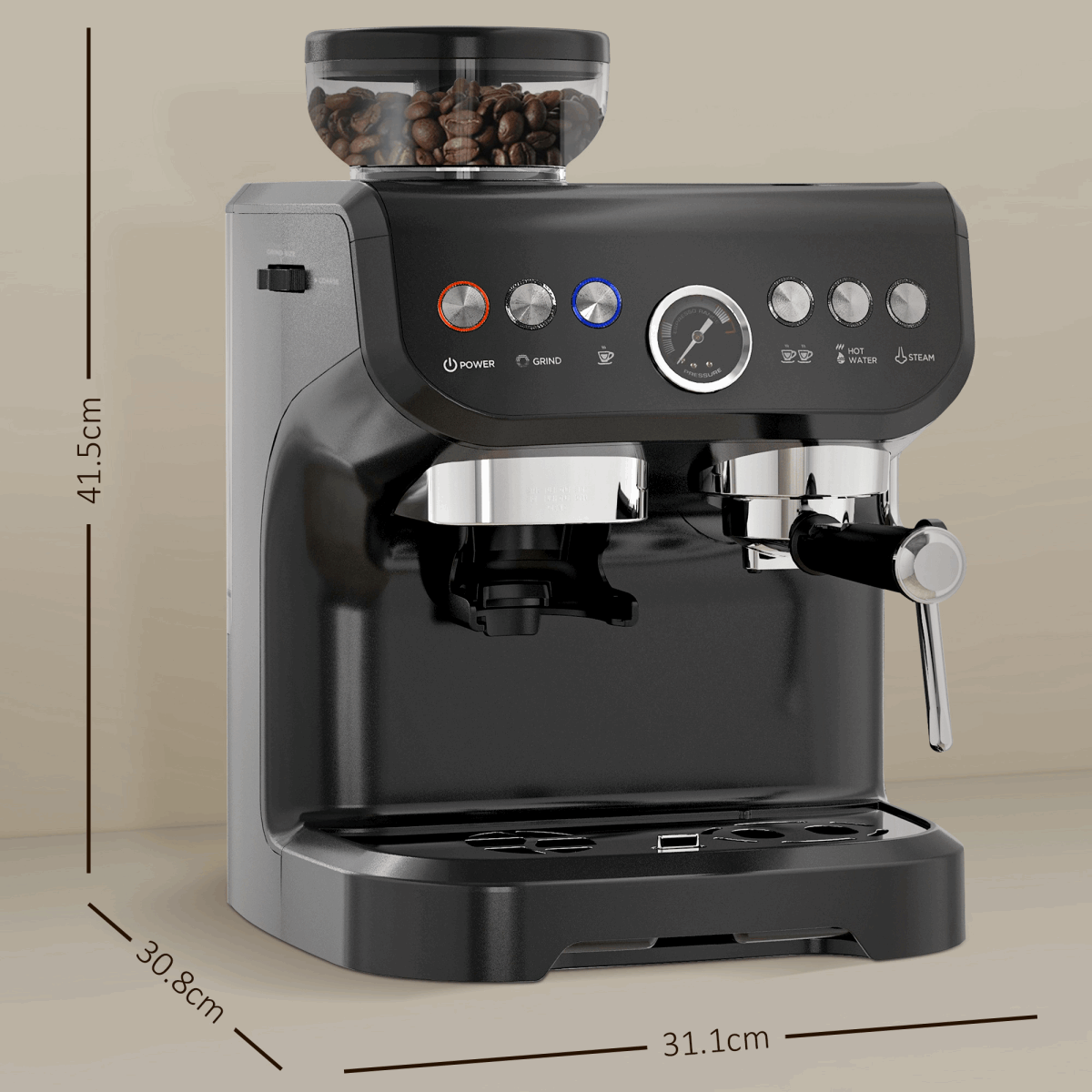 Espresso Coffee Machine With Integrated Bean Grinder And Steam Wand HOMCOM