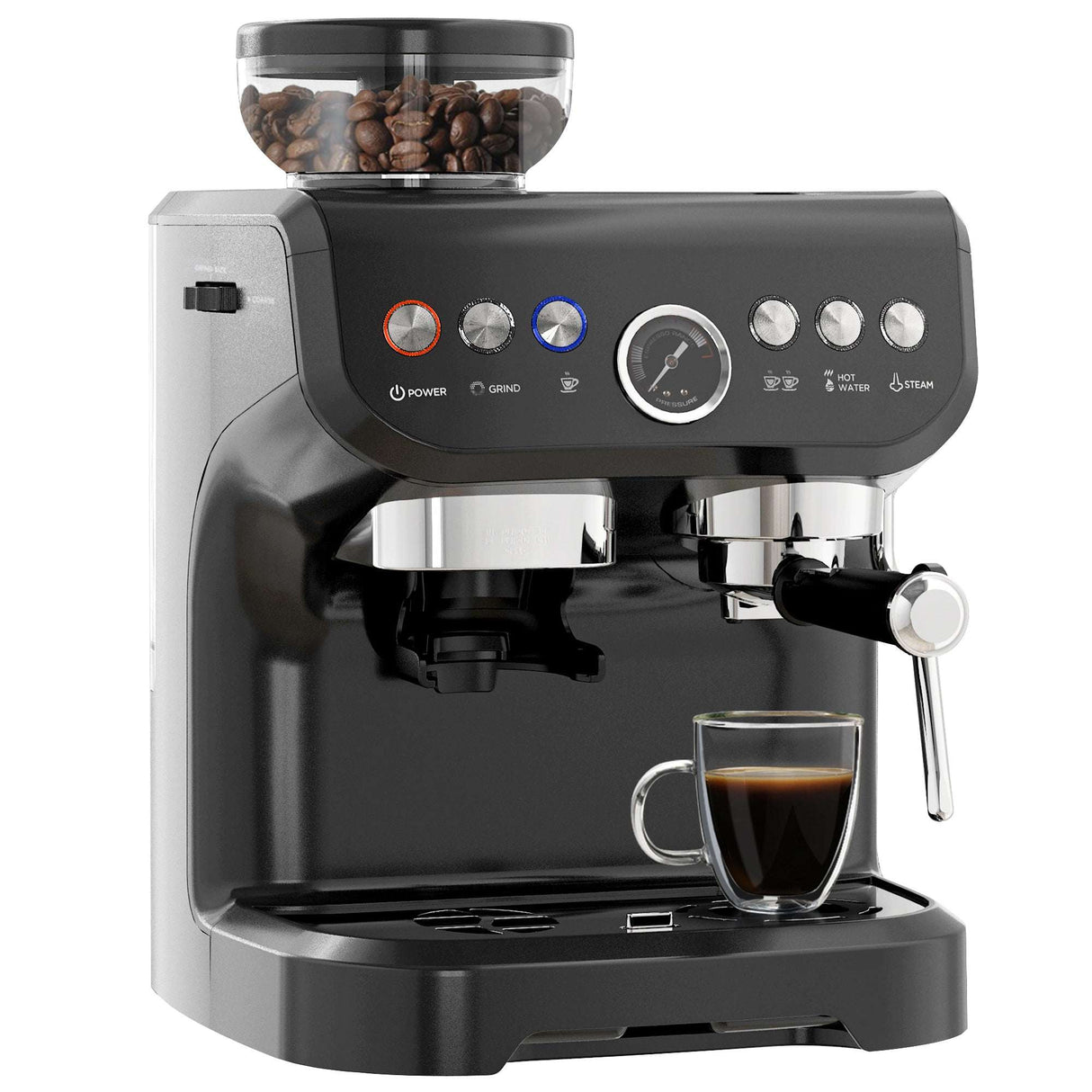Wise Galleria Coffee Machine in sleek black with built-in grinders and espresso brewing features