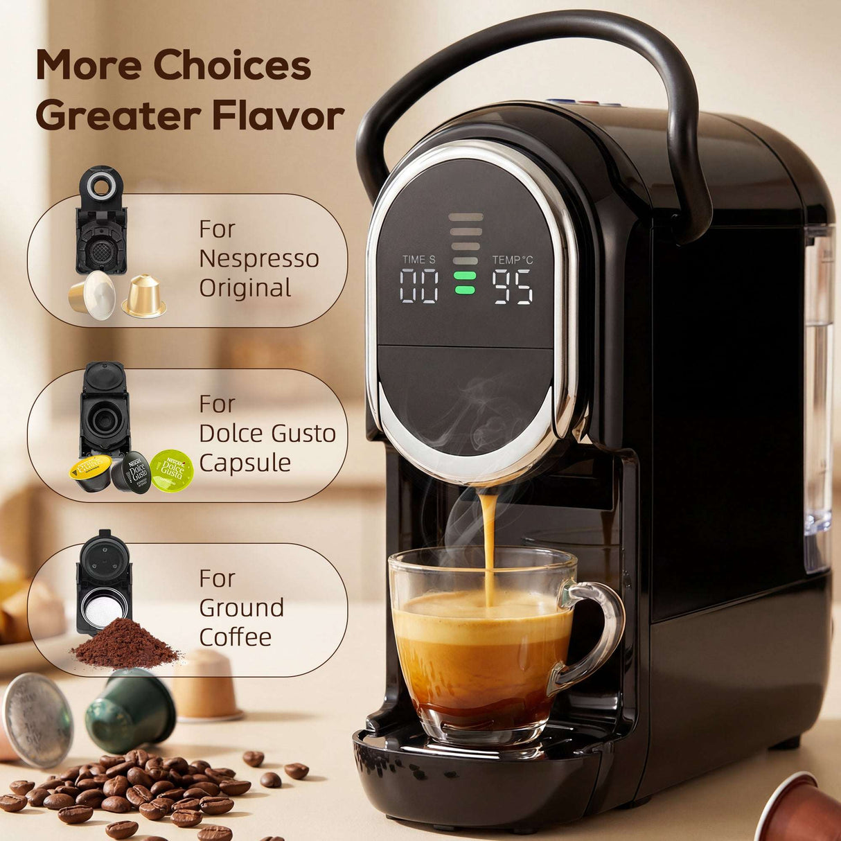 Wise Galleria Coffee Machine for Nespresso, Dolce Gusto, and ground coffee for a rich brewing experience