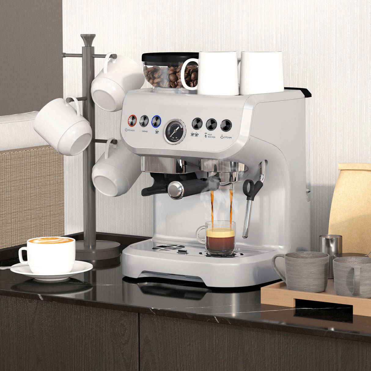 Wise Galleria Coffee Machine in silver brewing espresso with cups on a kitchen countertop