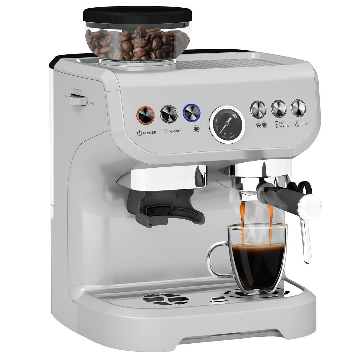 Wise Galleria Coffee Machine with built-in grinder pouring a fresh cup of coffee