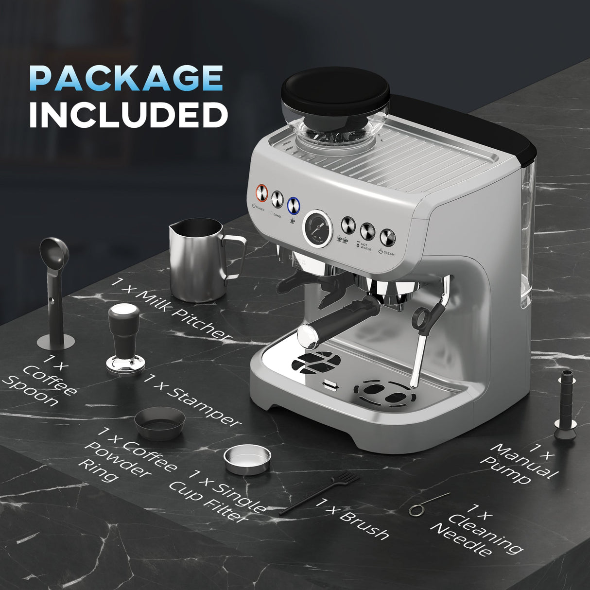 Wise Galleria Coffee Machine with milk pitcher, coffee spoon, and cleaning tools for home brewing