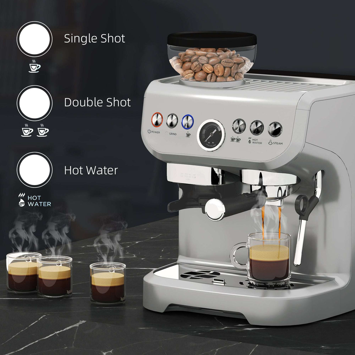 Wise Galleria Coffee Machine featuring options for single shot, double shot, and hot water