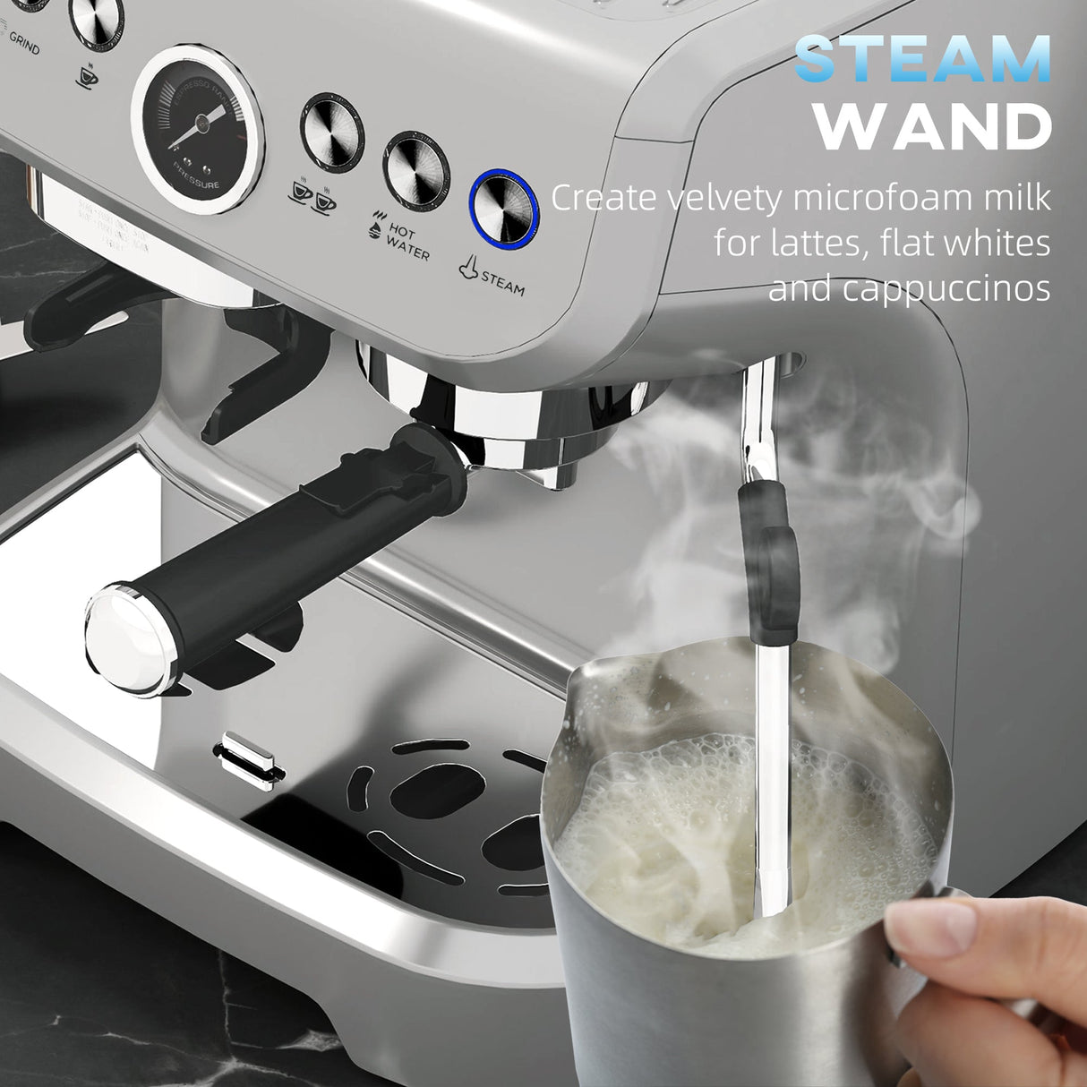 Wise Galleria Coffee Machine with steam wand for creating velvety microfoam milk for lattes and cappuccinos