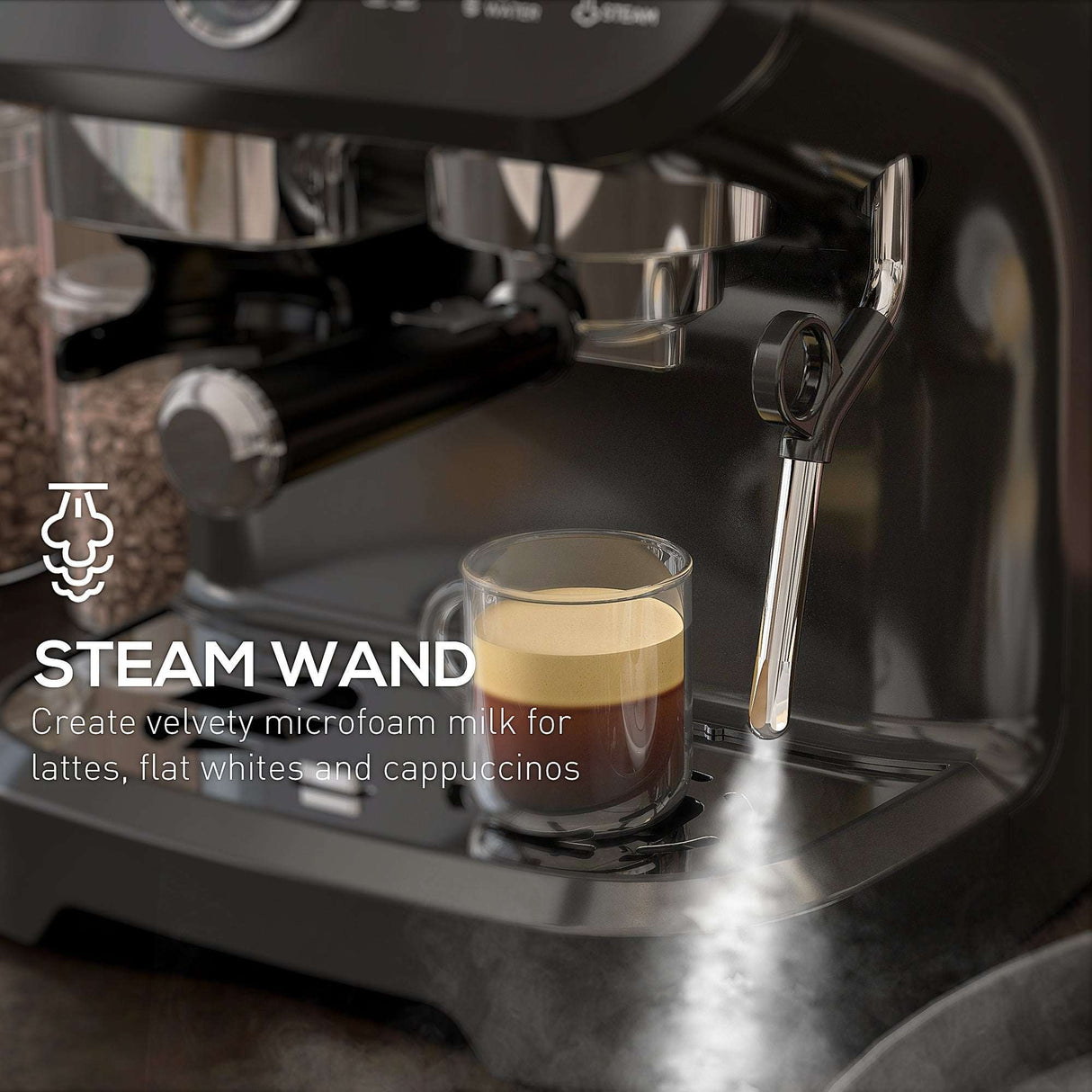 Wise Galleria Coffee Machine with steam wand for creating microfoam milk in lattes and cappuccinos