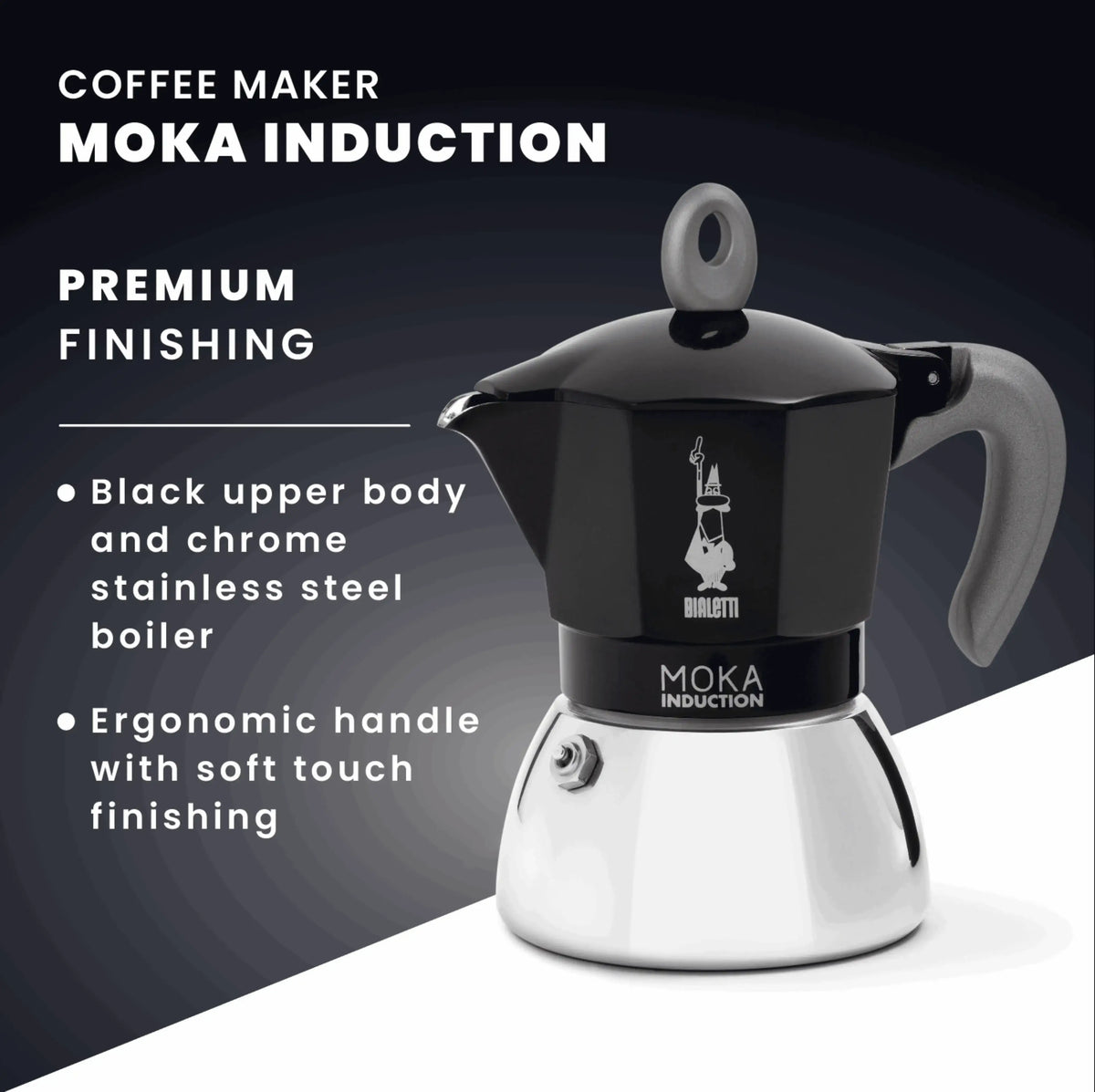 Bialetti Moka Induction Coffee Maker with black upper body and chrome stainless steel boiler
