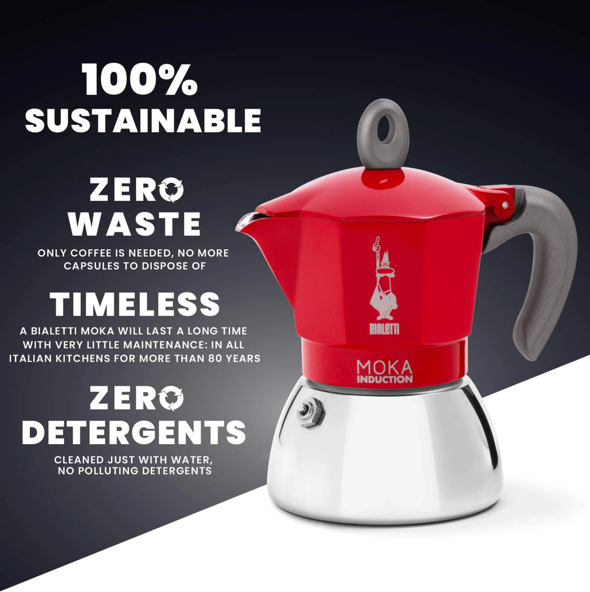 Bialetti Moka Induction Coffee Maker in red with sustainable design and zero waste features
