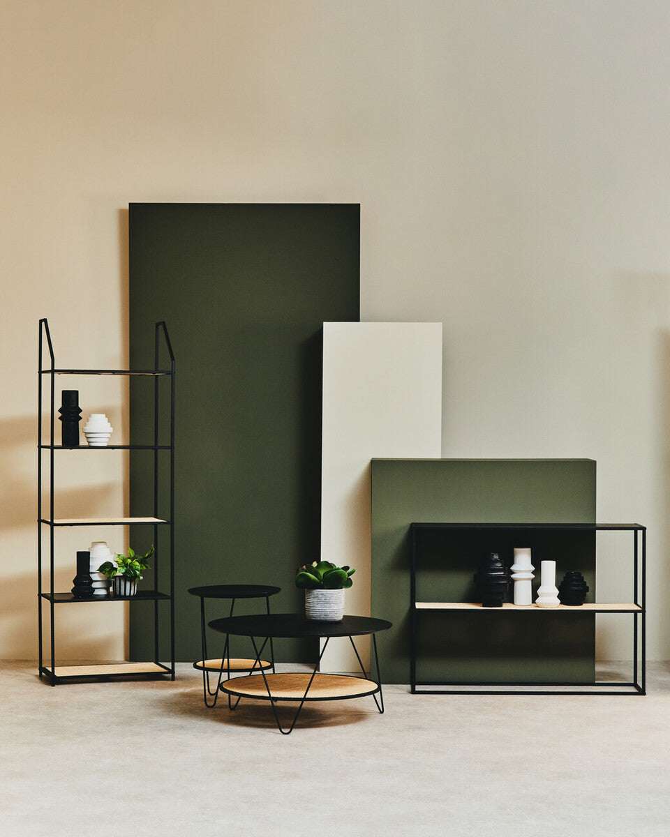Orsina Coffee Table with a sleek design, paired with minimalist decor and shelving unit