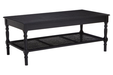 Orsina Black Coffee Table with Woven Shelf and Elegant Turned Legs for Stylish Living Rooms