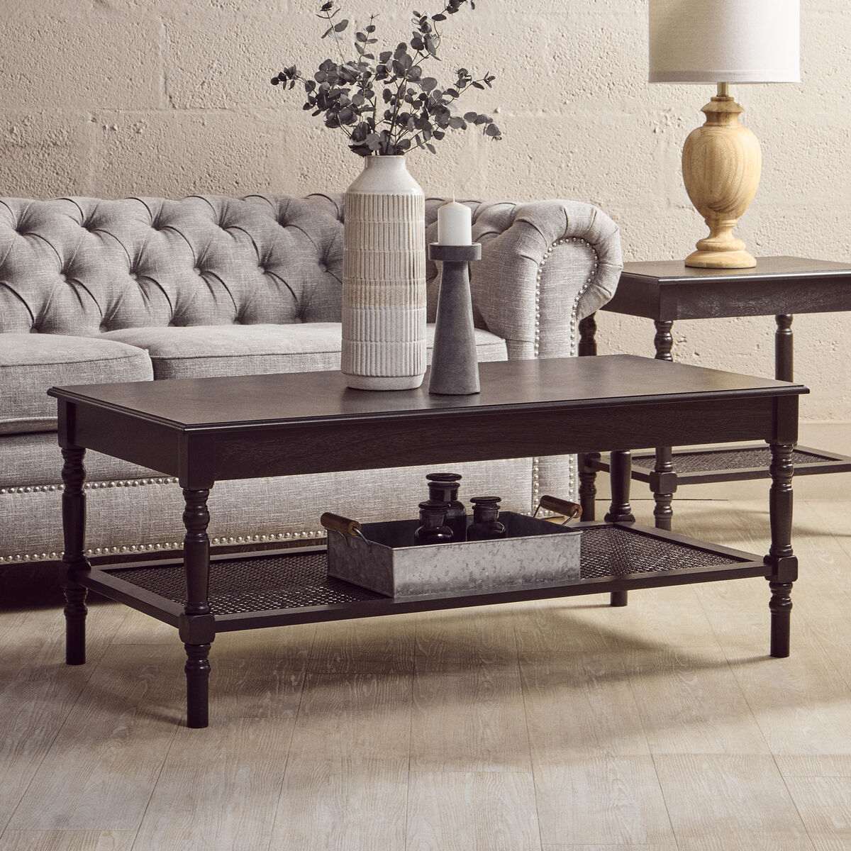 Orsina Coffee Table in Dark Wood with Elegant Design and Lower Shelf for Storage