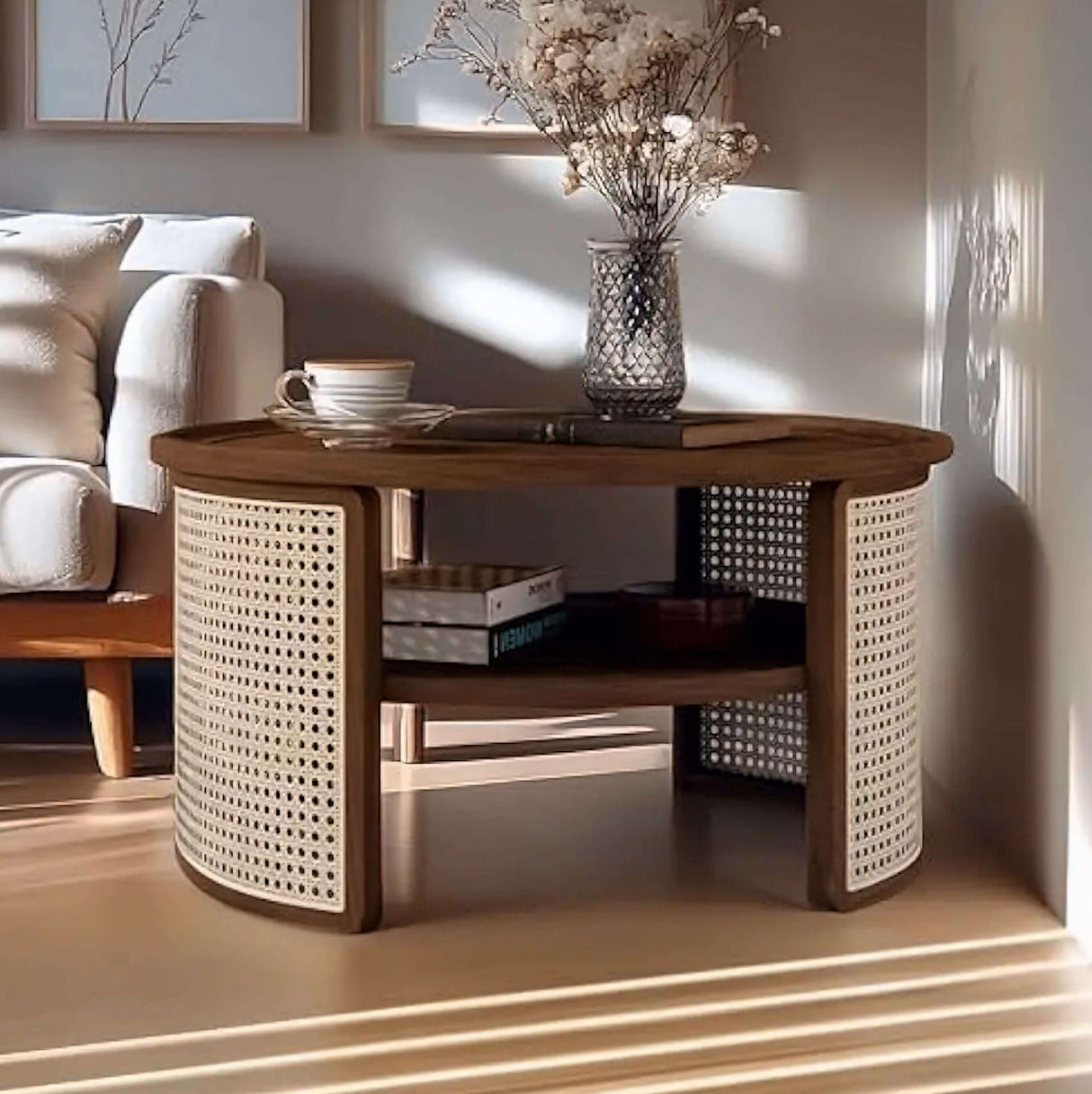 Nisu Home round Coffee Table with wooden top and rattan-style sides, perfect for living room decor