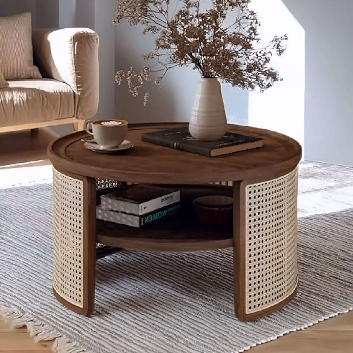 Nisu Home Round Wooden Coffee Table with Rattan Sides and a Lower Shelf for Storage