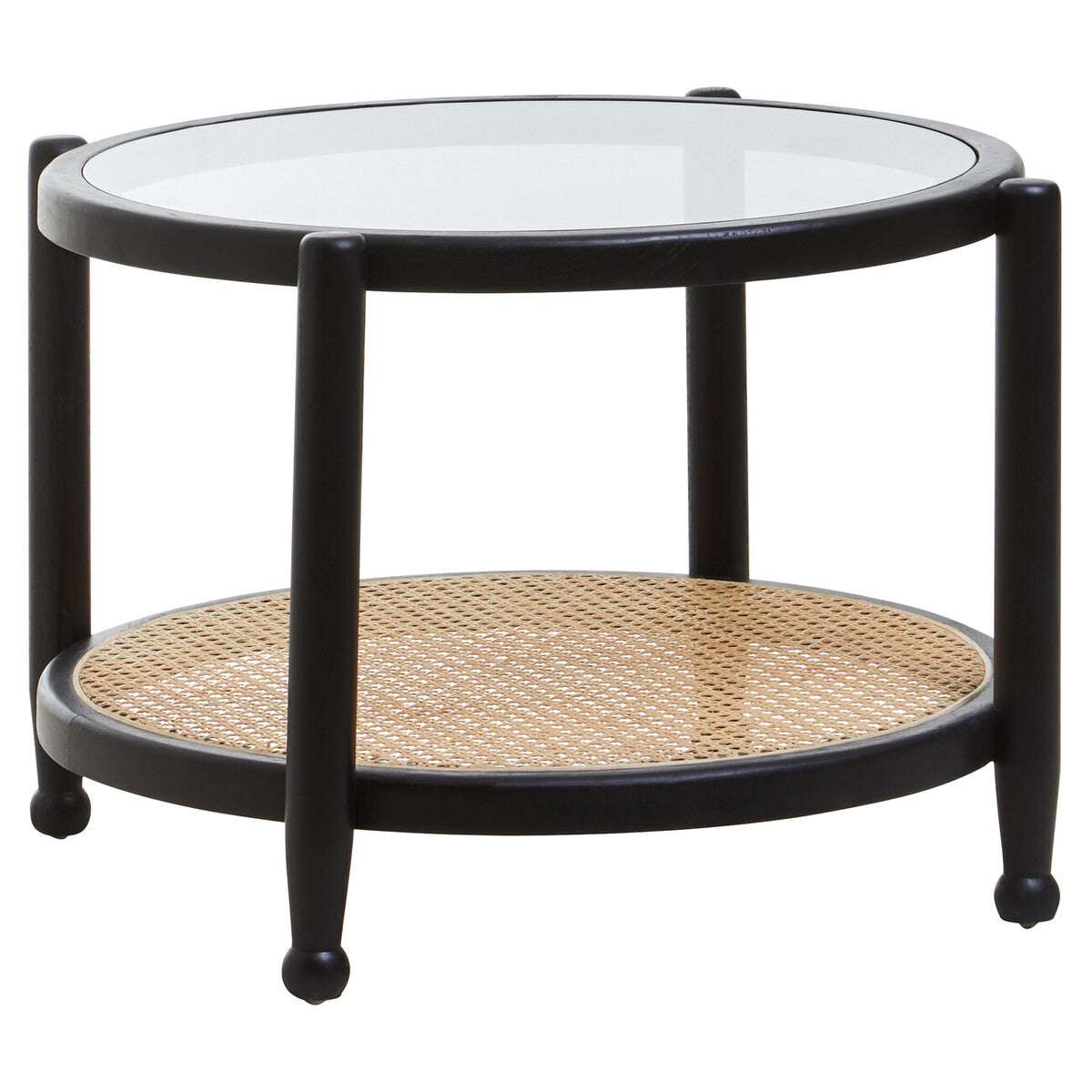 Orsina Coffee Table with Glass Top and Natural Rattan Shelf in Black Finish