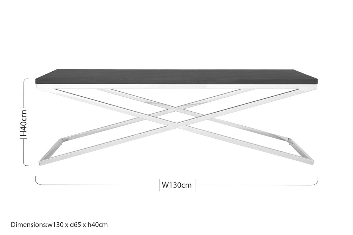 Orsina Coffee Table with a sleek black top and modern silver base, measuring 130cm wide