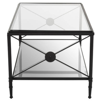 Orsina Coffee Table with a sleek black frame and clear glass top, perfect for modern living rooms