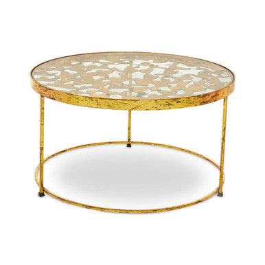 Orsina Coffee Table with Gold Leaf Finish and Decorative Glass Top for Stylish Living Rooms