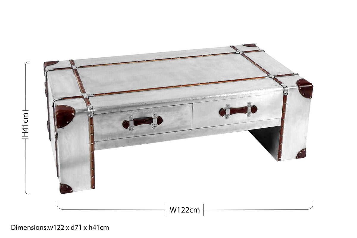 Orsina Coffee Table with Aluminium Finish and Two Drawers, Dimensions 122cm x 71cm x 41cm