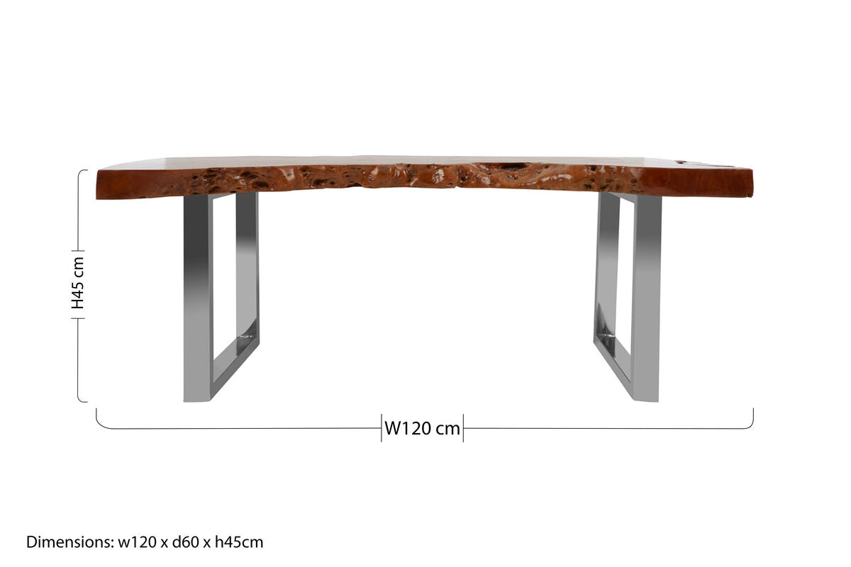 Orsina Coffee Table with a unique wooden surface and sleek metal legs, measuring 120x60x45cm
