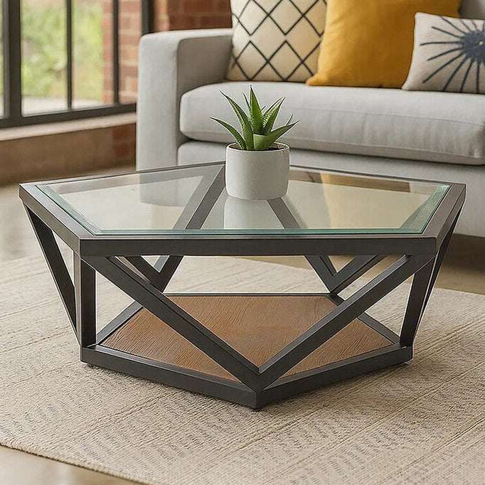 Orsina Hexagonal Coffee Table with Glass Top and Wooden Base for Modern Living Rooms
