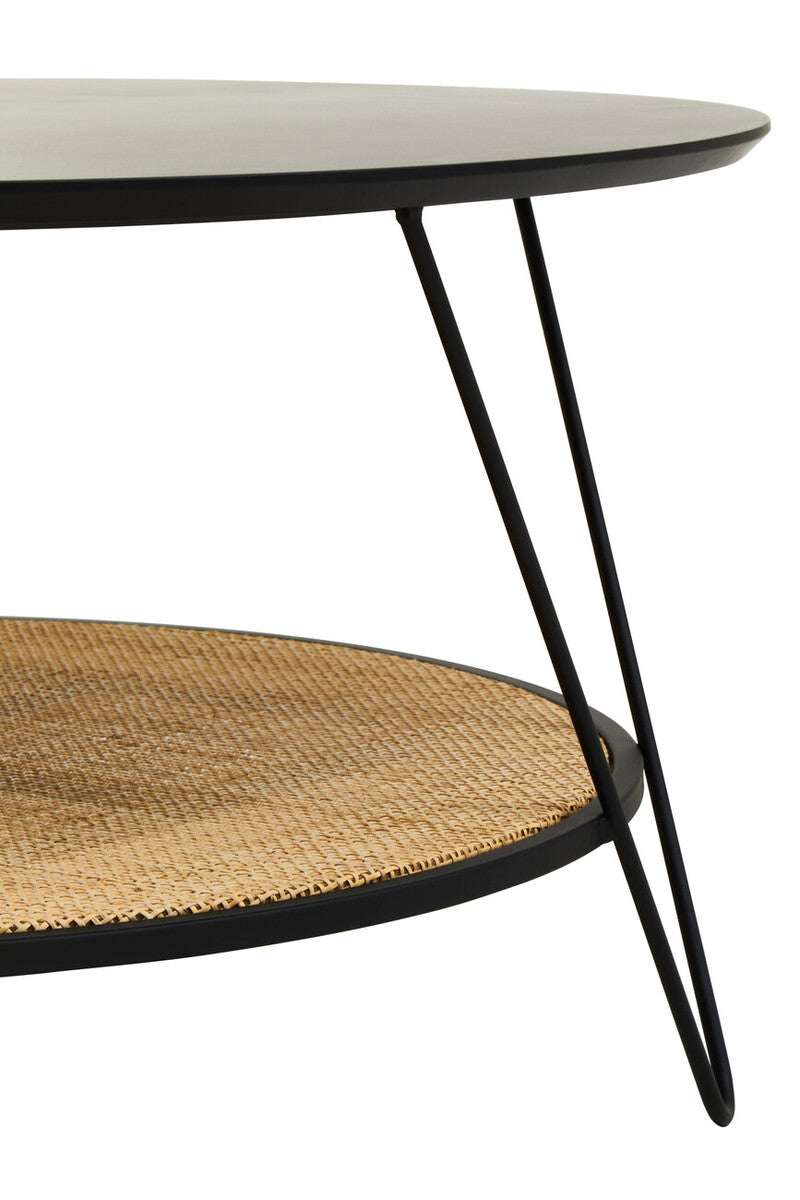 Orsina Coffee Table with a sleek black top and woven rattan lower shelf for stylish living rooms