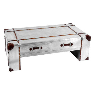 Orsina Coffee Table with a vintage design featuring metal finishing and leather accents