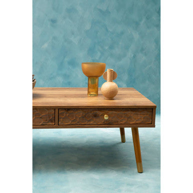 Orsina Coffee Table with Natural Wood Finish and Decorative Vases on Top