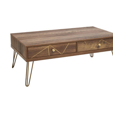 Orsina Coffee Table in Walnut Finish with Geometric Decor and Two Drawers