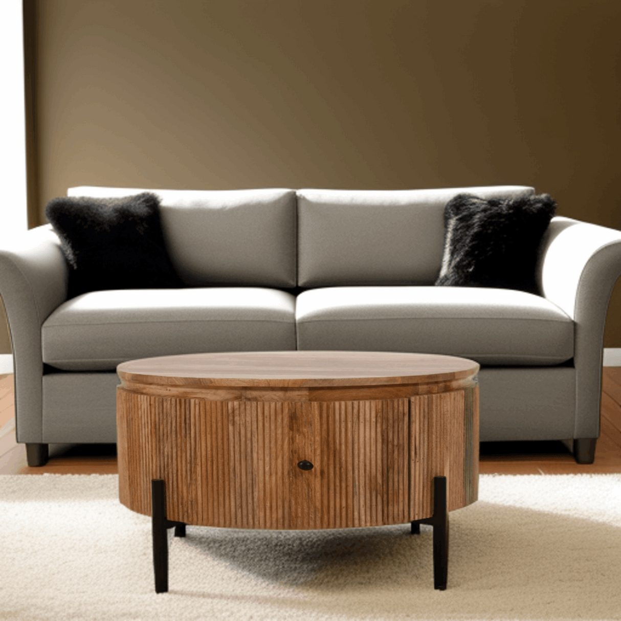 Verty Furniture Round Wooden Coffee Table with Storage, Complementing a Grey Sofa in Living Room
