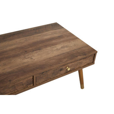 Orsina Coffee Table in Rustic Wood Finish with Two Drawers and Wooden Legs