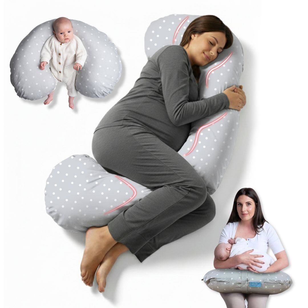 BellaMoon 3-in-1 Comfort Pillow for maternity, nursing, and baby support with polka dot design