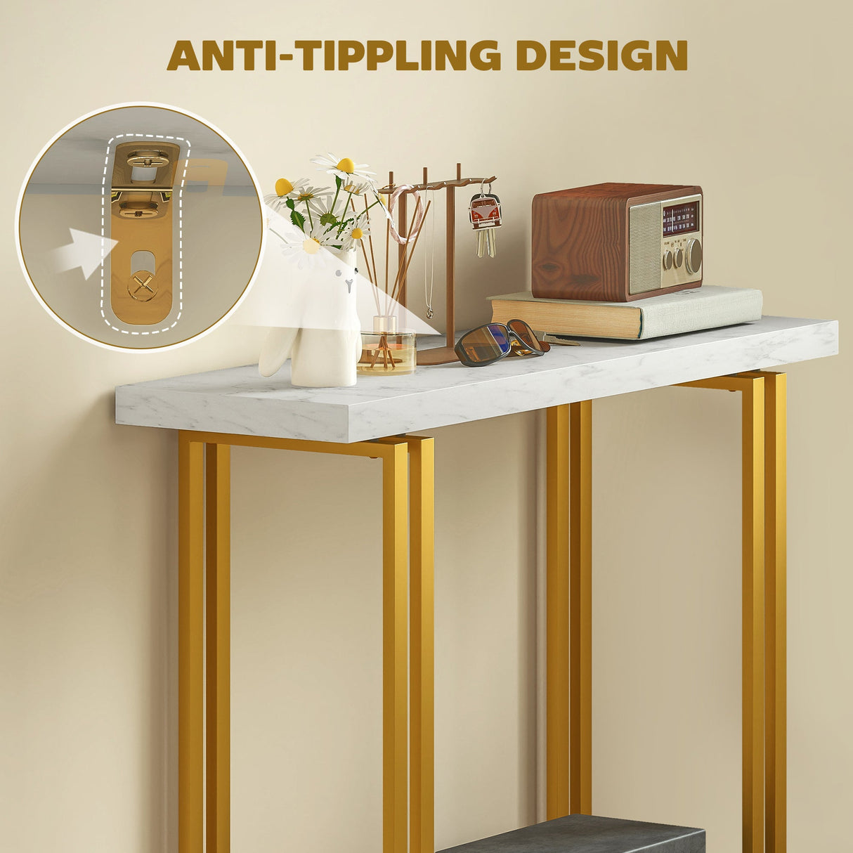 Wise Galleria Console Table featuring a stylish anti-tipping design with a marble top and gold legs