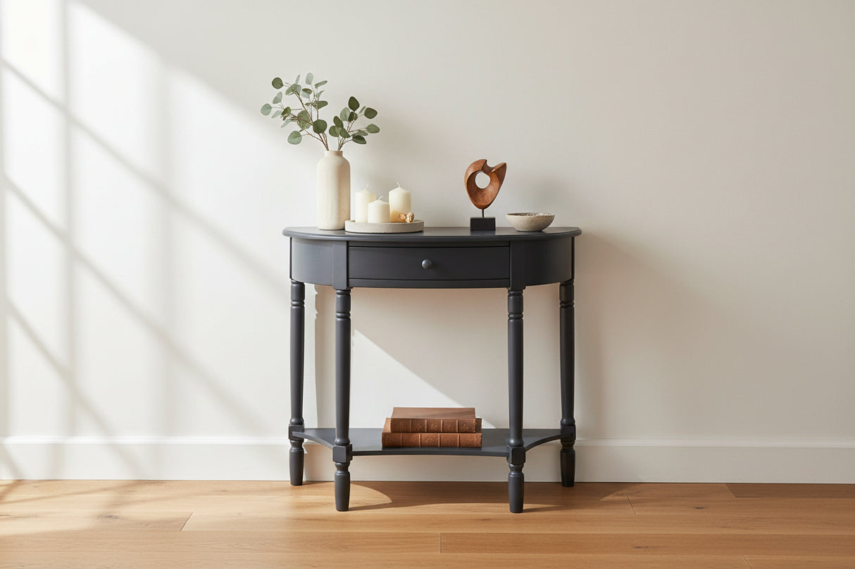 Orsina Console Table in Black with One Drawer and Lower Shelf for Home Decor and Storage
