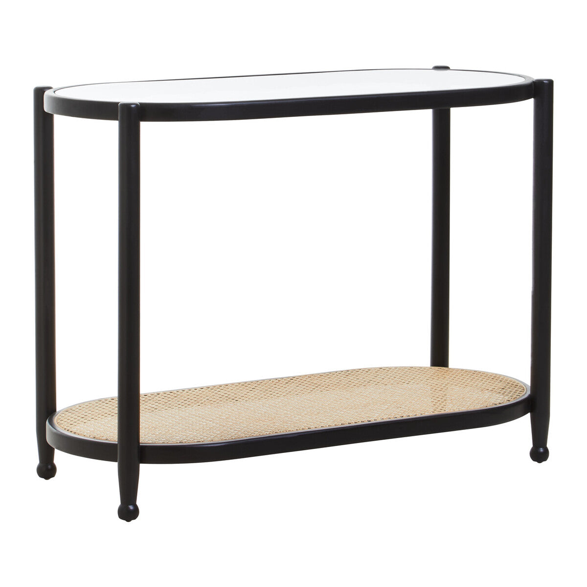 Orsina Console Table with a sleek black frame and woven lower shelf for stylish storage