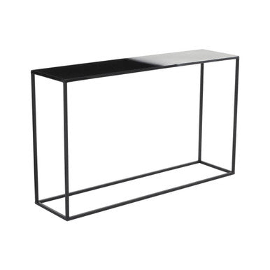 Orsina Console Table with a sleek black top and geometric metal base for modern decor