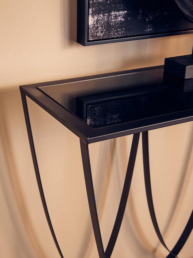 Orsina Console Table with Black Glass Top and Elegant Metal Base Design