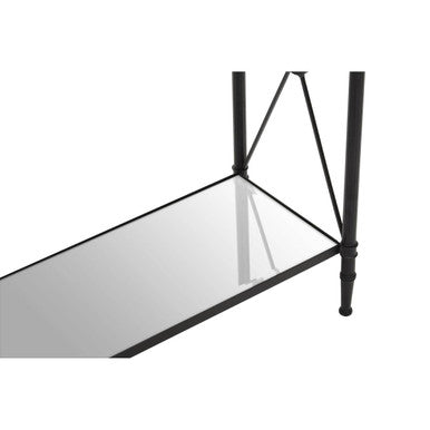 Orsina Console Table with a sleek glass top and elegant black metal frame for modern interiors