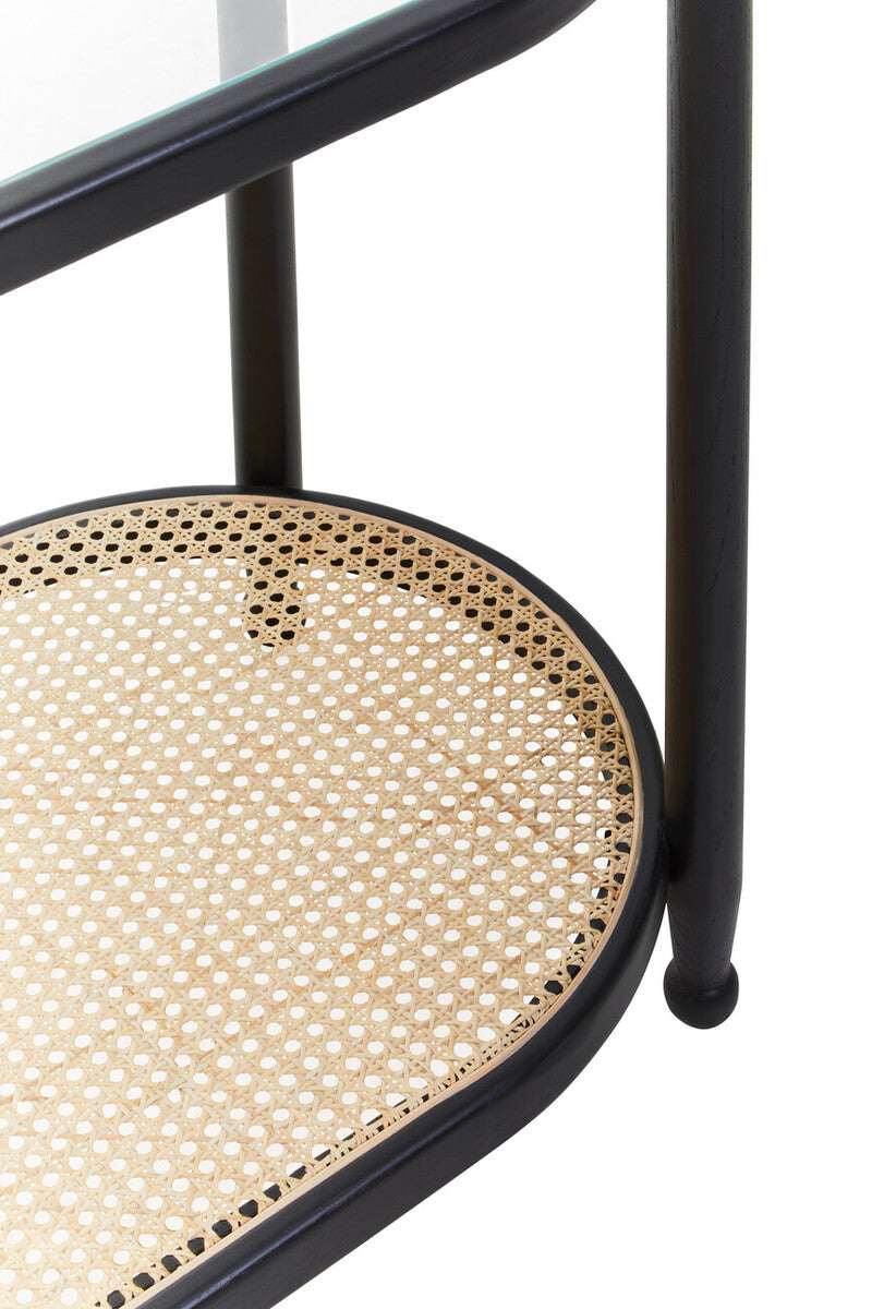 Orsina Console Table featuring a glass top and stylish cane shelf for modern interiors