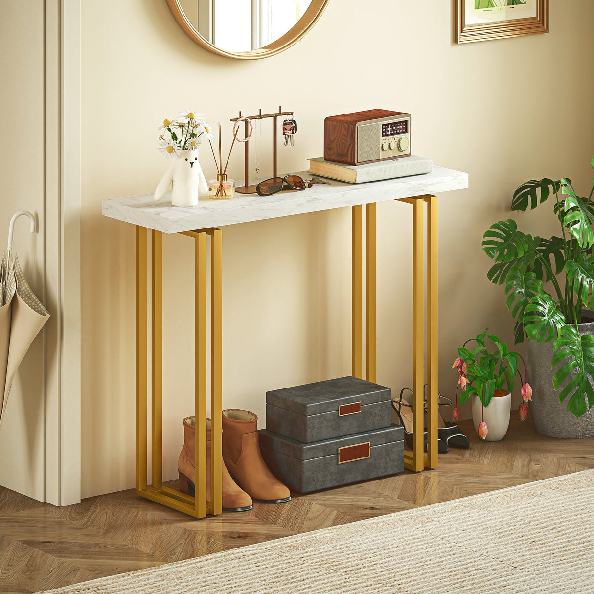 Modern Console Table by Wise Galleria with White Marble Top and Gold Legs for Stylish Entry Decor
