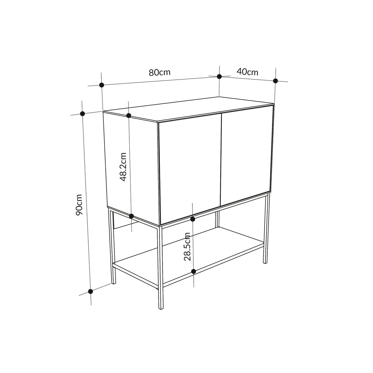 Decortie Console Table sketch with dimensions 80cm x 40cm x 90cm, featuring two doors and a lower shelf