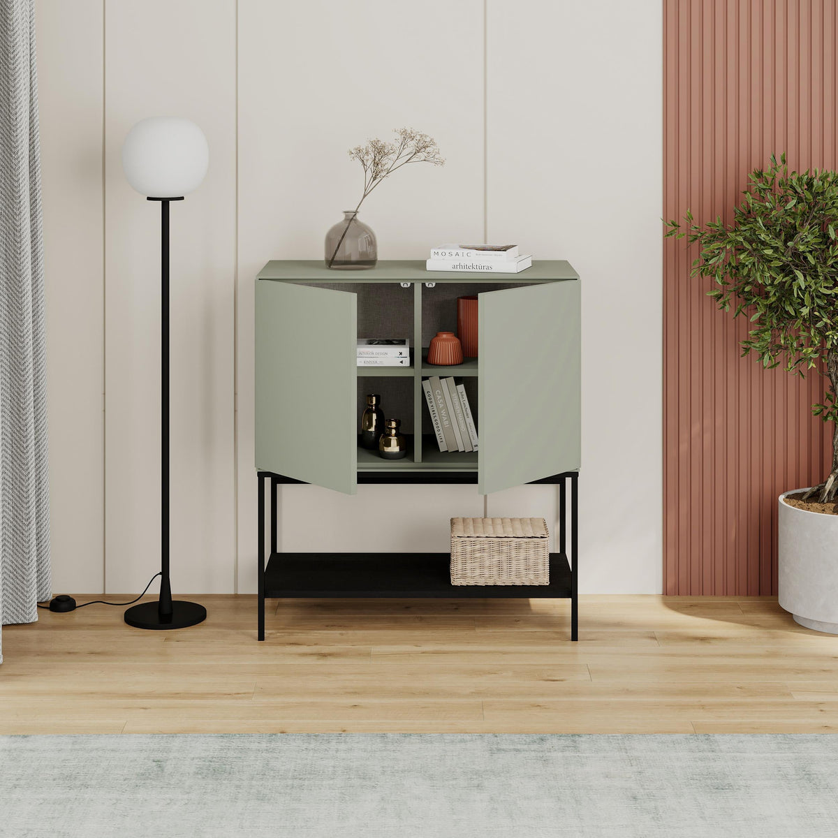 Decortie console table in green with storage compartments and minimalist design for modern interiors