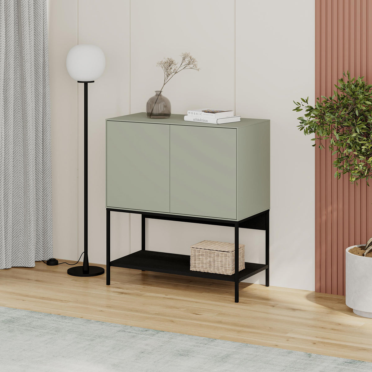 Decortie Console Table in Green with Two Doors and Open Shelf for Stylish Storage