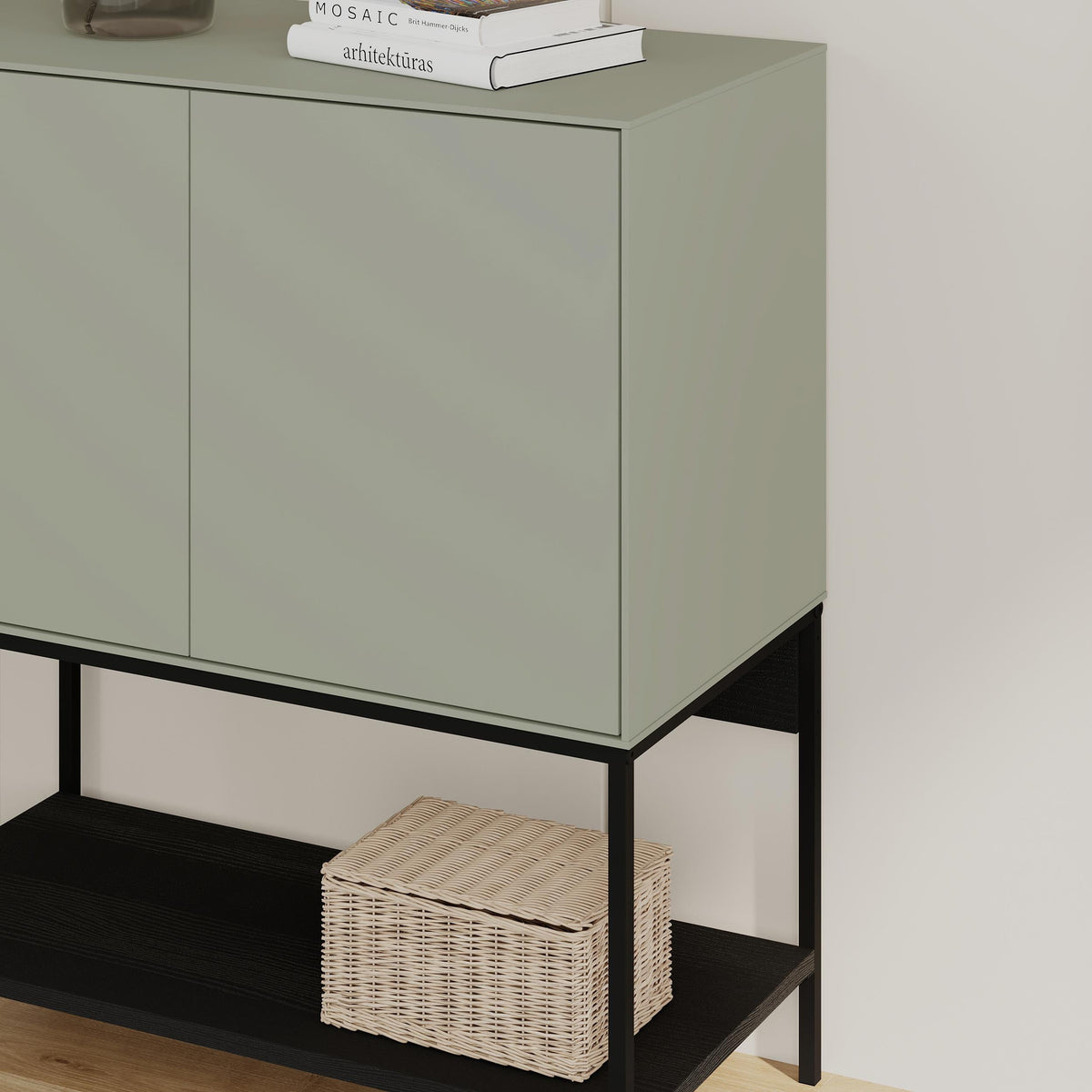 Decortie Console Table in muted green with two cabinets and black metal legs for stylish storage