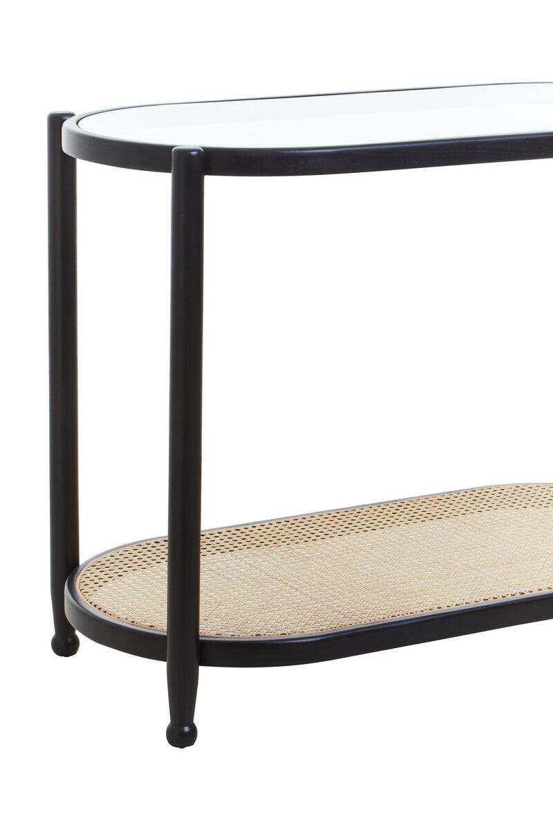 Orsina Console Table with Black Metal Frame and Rattan Under-Shelf for Stylish Home Decor