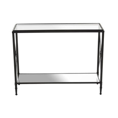 Orsina Console Table in Black Metal with Glass Top and Lower Shelf for Stylish Home Decor