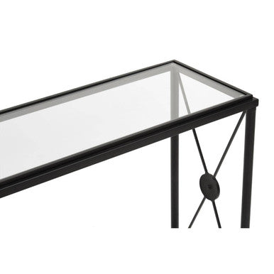 Orsina Console Table with Glass Top and Black Metal Frame for Modern Home Decor