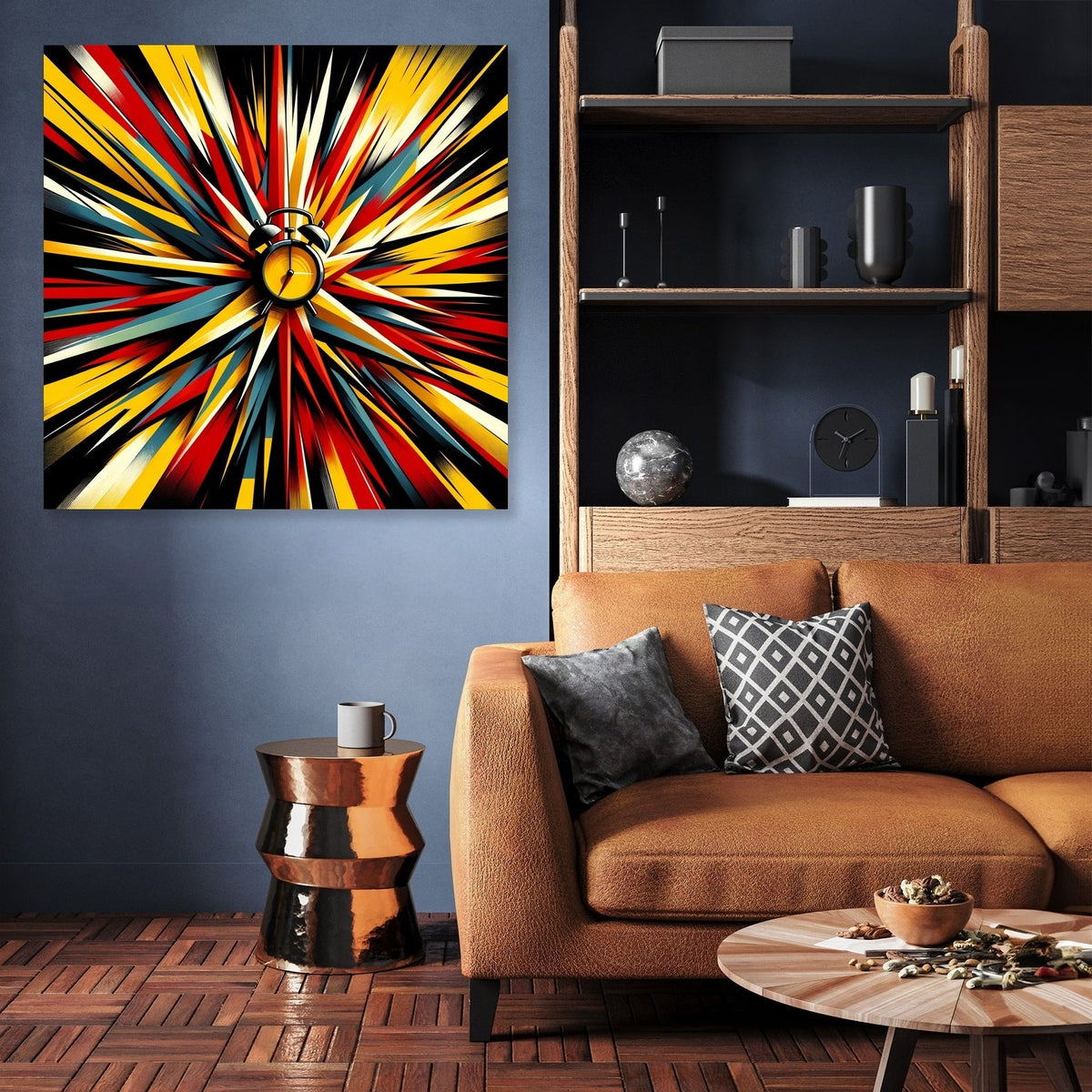 Vibrant wall art canvas featuring bold colours in a striking burst design for modern home decor