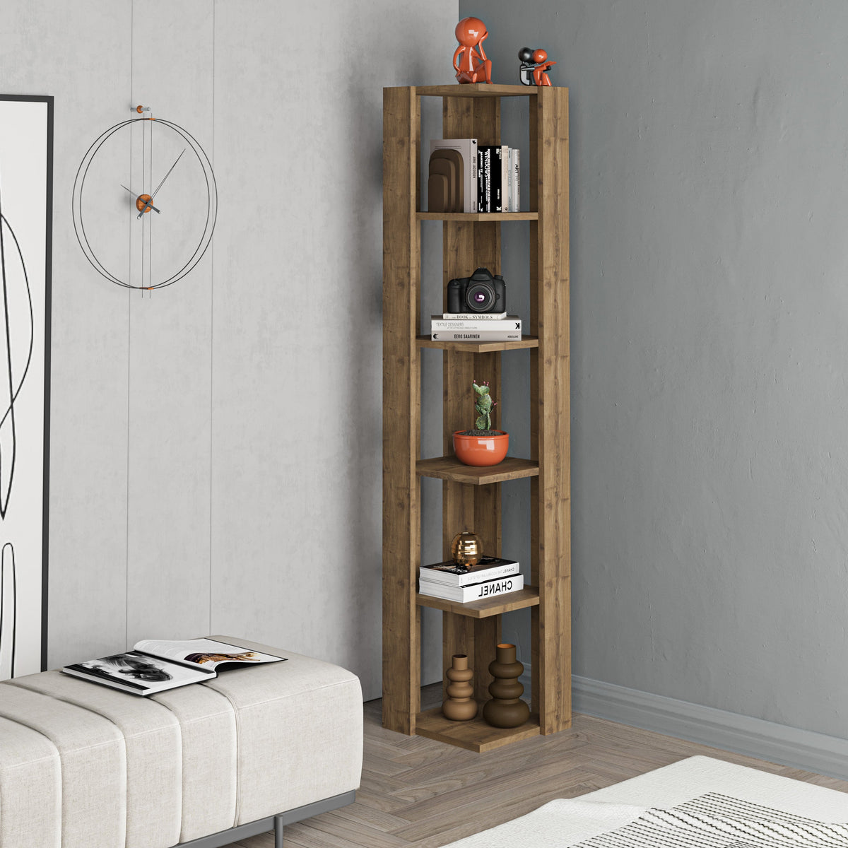 Decortie Corner Bookcase in Wood Finish with Multiple Shelves for Stylish Storage