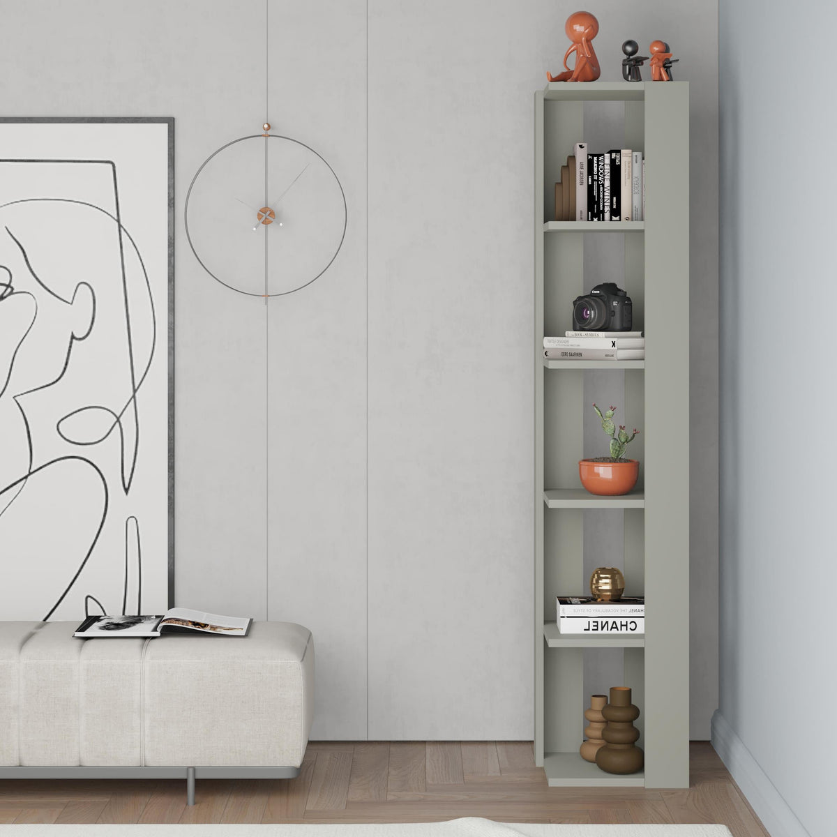 Stylish Decortie Corner Bookcase in modern design with five shelves for displaying books and decor