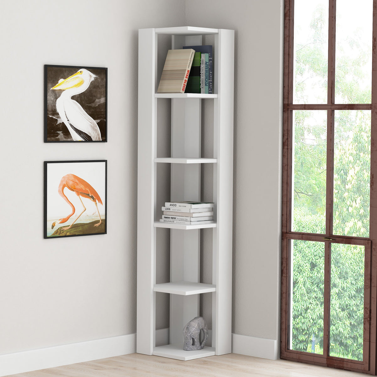 Decortie Corner Bookcase in White with Four Shelves for Space-Saving Storage