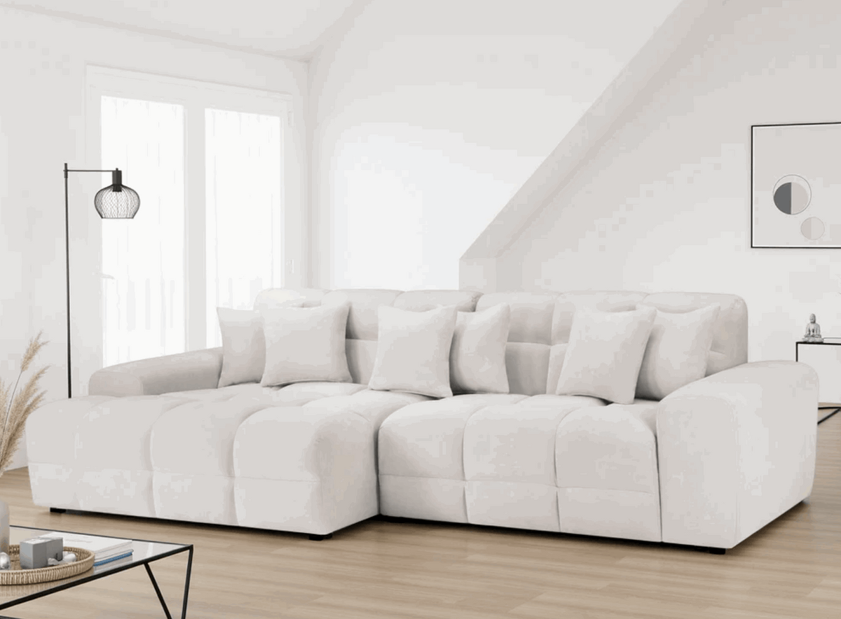 Modern Corner Sofa in Soft Beige Fabric with Plush Cushions for Stylish Living Rooms